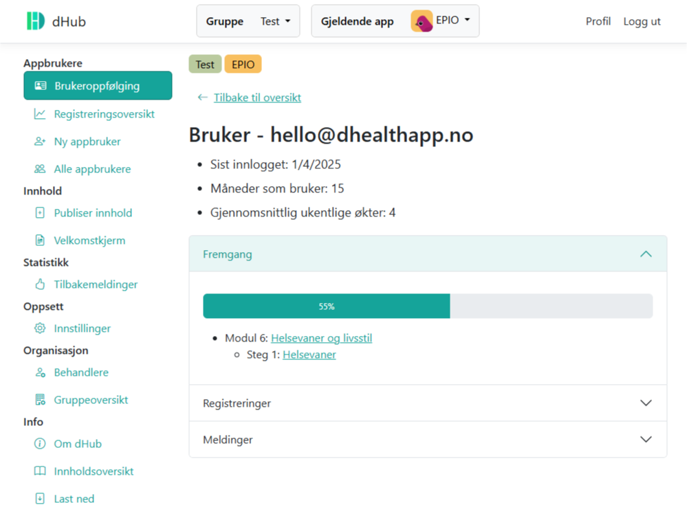 Skjermdump av oversikt for bruker i dHub behandlerportal.